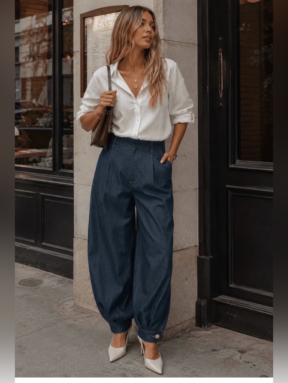 WOMEN'S ELASTIC WAIST BUTTON CLOSURE POCKETS JOGGER LEG PANTS Black